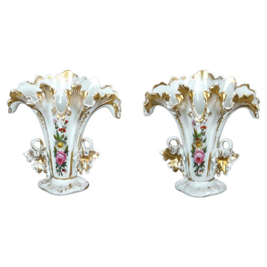 Pair of Antique Old Paris Porcelain Hand Painted Floral & Gilt Spill Vases c1890