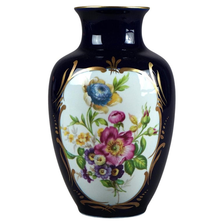 Vintage French Limoges Hand Painted & Gilt Porcelain Vase, Floral Reserve, 20thC