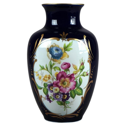 Vintage French Limoges Hand Painted & Gilt Porcelain Vase, Floral Reserve, 20thC