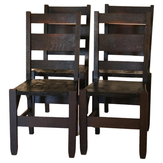Four Antique Conant Arts & Crafts Mission Oak Slat Back Dining Chairs C1920