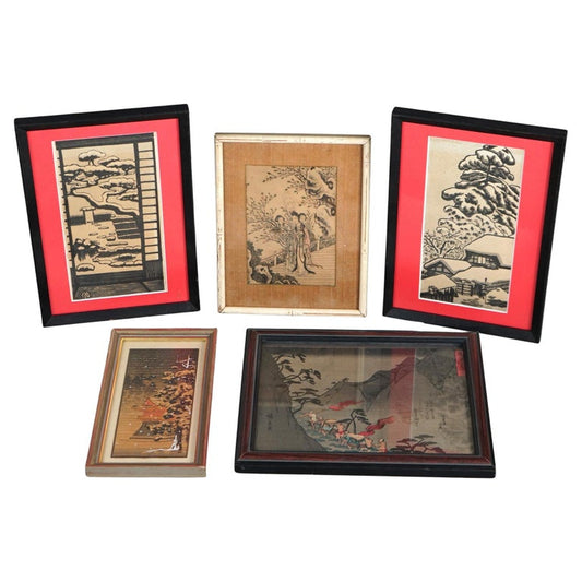 Set of Five Antique Japanese Woodblock Prints, Framed, C1920