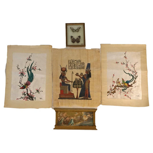 Five Antique Art Pieces Including Two Signed Oil on Silk Paintings