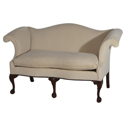 Chippendale Inspired Southwood Upholstered Claw & Ball Camel Back Settee 20thC