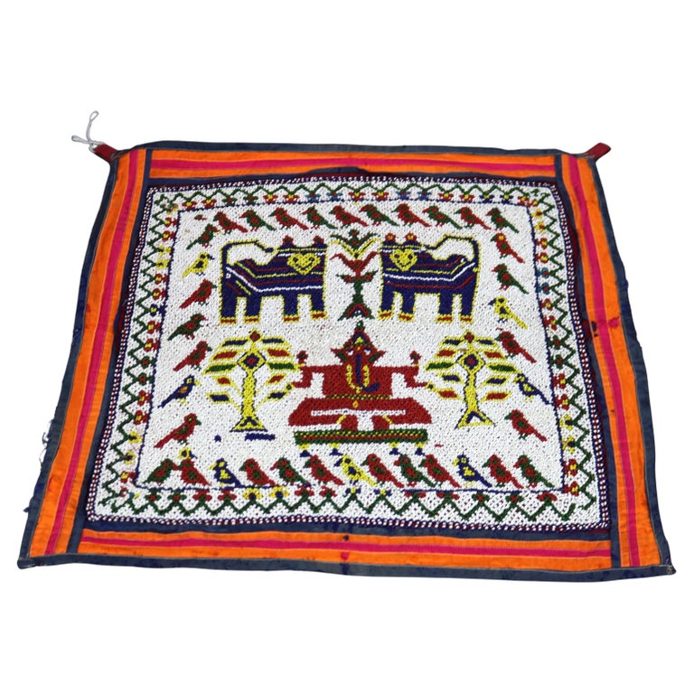 Antique Gujarat Saurashta India Hand Beaded & Embroidered Panel with Deity c1920