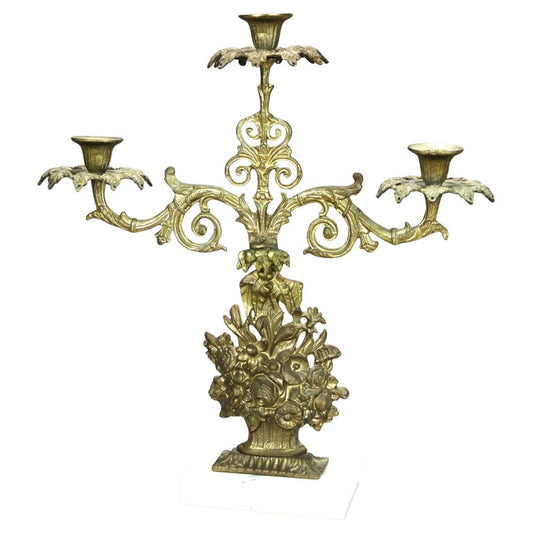 Antique Brass & Marble Girandole Candelabra with Basket of Flowers C1890
