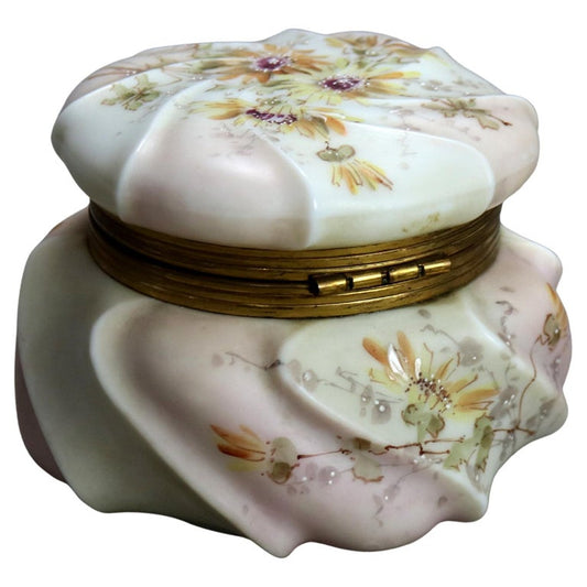 Antique Wavecrest Floral Hand Painted Glass Dresser Box with Wildflowers 19thC