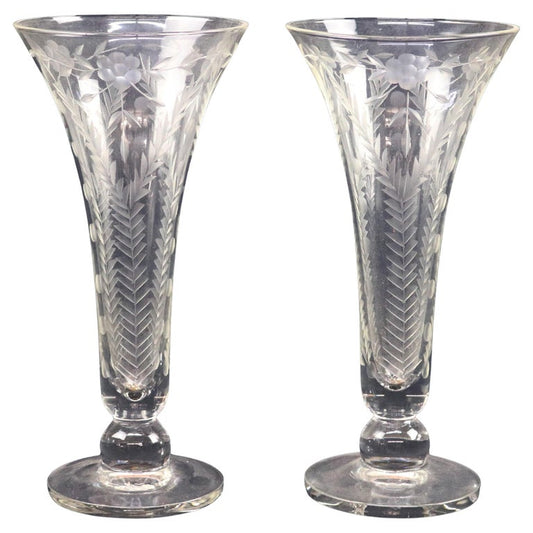 Pair of Cut & Etched Glass Vases with Floral Design, 20thC