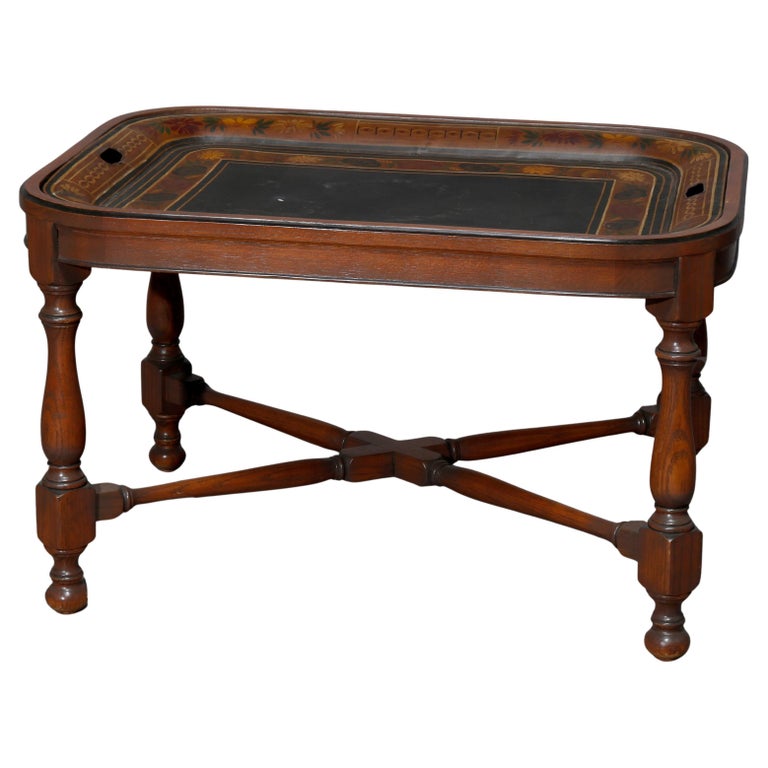 English Georgian Style Walnut Tea Table & Removable Toleware Serving Tray 20th