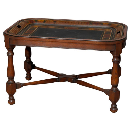 English Georgian Style Walnut Tea Table & Removable Toleware Serving Tray 20th