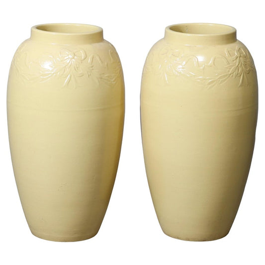 Pair Galloway Ribbon & Garland Embossed Art Pottery Floor Vases C1930