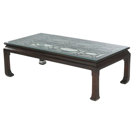 Antique Chinese Mahogany Coffee Table with Leaded Beveled Glass Top C1920
