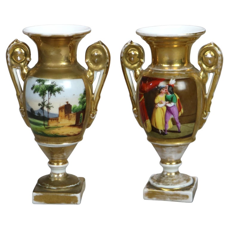 Pair of Antique Meissen School Porcelain Vases with Figures & Landscape Scenes