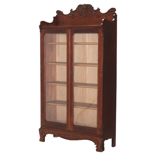 Antique Arts & Crafts Pressed & Carved Oak Double Door Bookcase C1920
