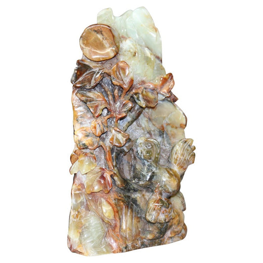 Antique Chinese Figural Carved Emerald Onyx with Fu Dogs & Foliage c1920