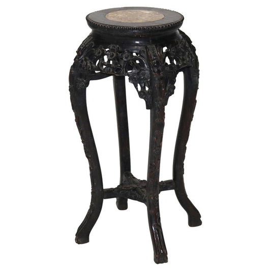 Antique Chinese Foliate Carved Hardwood Marble Top Stand C1920