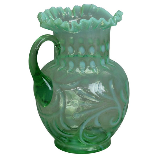 Antique Victorian Green & Opalescent Glass Pitcher with Ruffled Rim C1900
