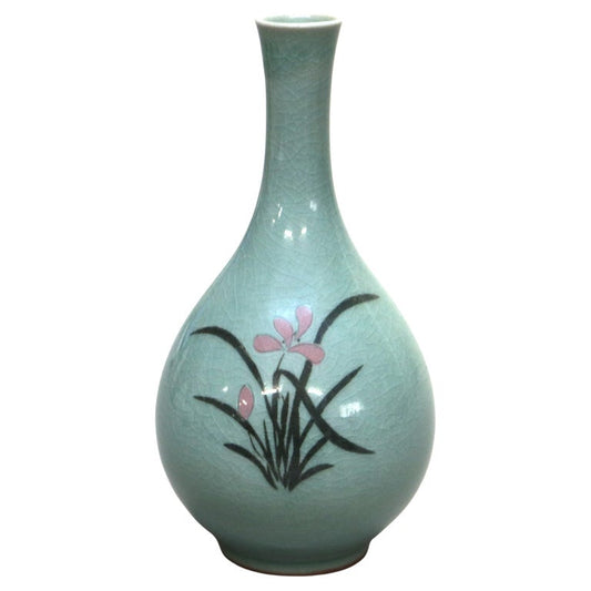 Antique Asian Celadon Pottery Bud Vase with Lily Signed Early 19thC