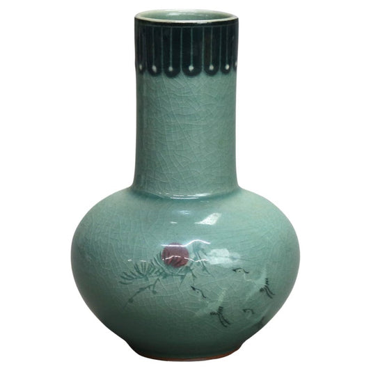 Antique Asian Celadon Pottery Bud Vase with Marsh Scene Signed Early 19thC