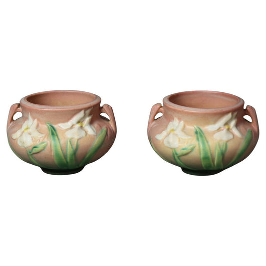 Two Pieces of Pink Roseville Art Pottery with Iris Pattern Mid 20thC