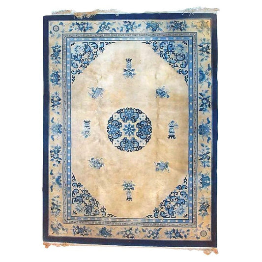 Antique Chinese Peking School Blue & White Oriental Wool Carpet C1930