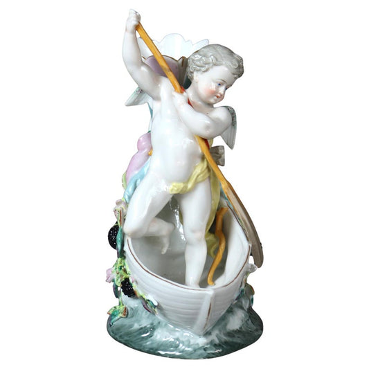 Antique Figural Porcelain Vase with Cherub in Boat & Blackberry Garland C1890