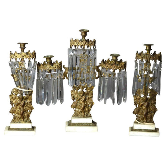 Antique Bronze, Crystal & Marble Figural Girandole Set with Cherubs C1890