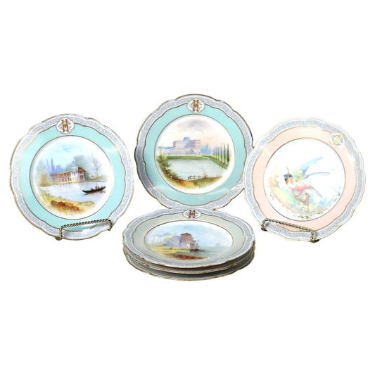 Set of Six Mansard French Hand Painted and Gilt Porcelain Plates 20thC