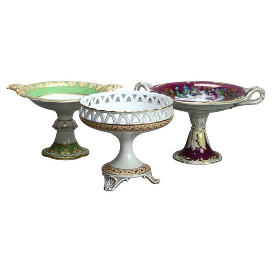 Three Antique English Hand Painted & Gilt Porcelain Footed Compotes C1890