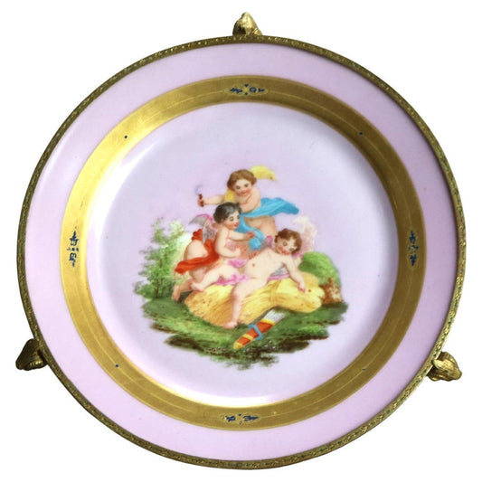 Antique Porcelain & Bronze Hand Painted & Gilt Footed Platter with Cherubs C1890