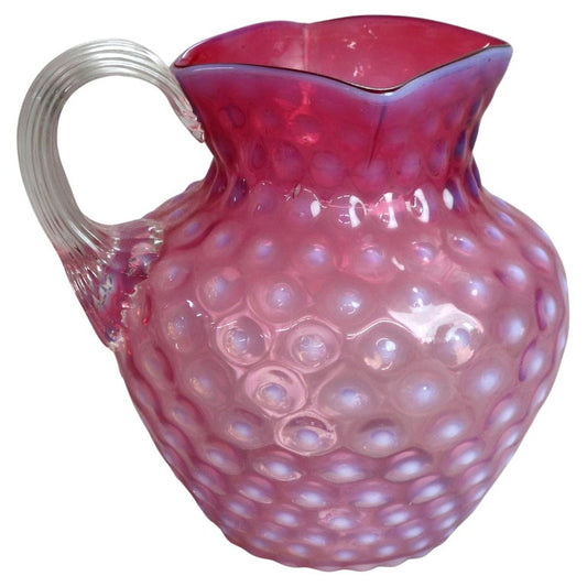 Antique Mt. Washington School Cranberry Hobnail Glass Water Pitcher C1900