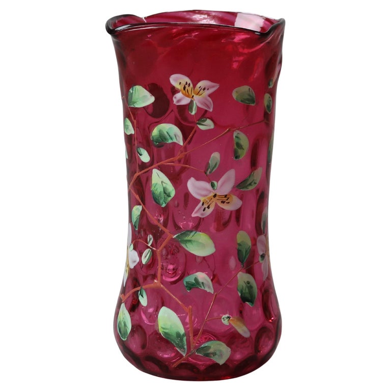 Antique Mt Washington Style Hand Enameled Floral Cranberry Coin Spot Vase c1900