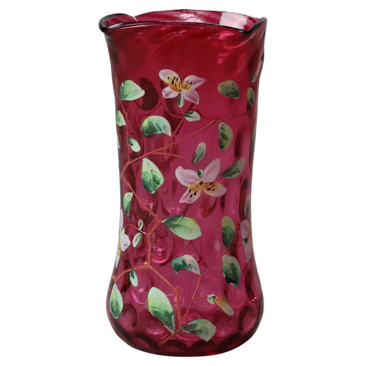 Antique Mt Washington Style Hand Enameled Floral Cranberry Coin Spot Vase c1900
