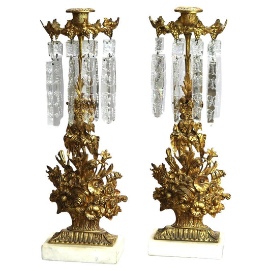 Pair Antique Gilt Bronze, Marble & Cut Crystal Floral Form Girandoles c1890