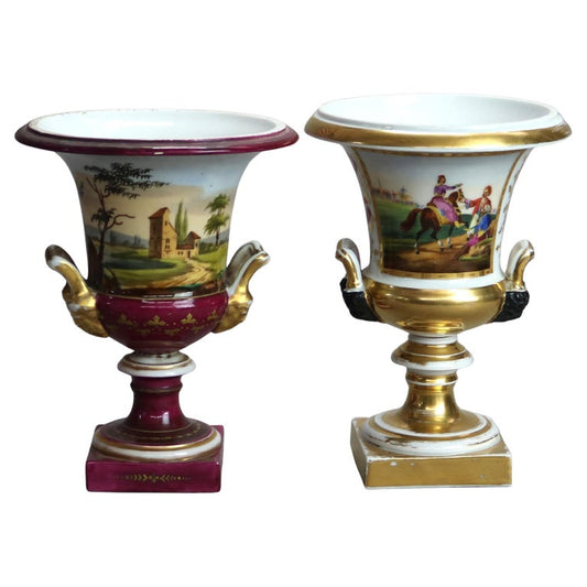 Two Antique Old Paris Porcelain Classical Hand Painted & Gilt Urns C1890