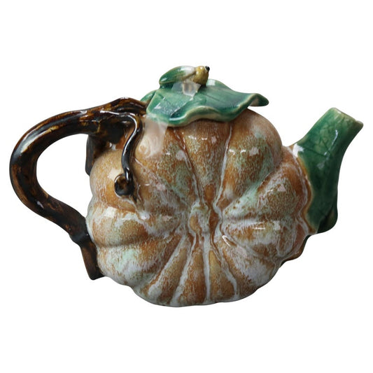 Vintage Majolica Pumpkin, Vine & Leaf Form Pottery Teapot with Beatle 20thC