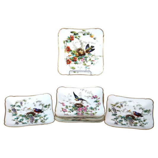 Six Antique Limoges Hand Painted & Gilt Plates with Nesting Birds C1910