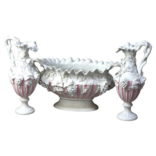 Antique Bennington English Bisque Porcelain Three-Piece Grape & Leaf Console Set