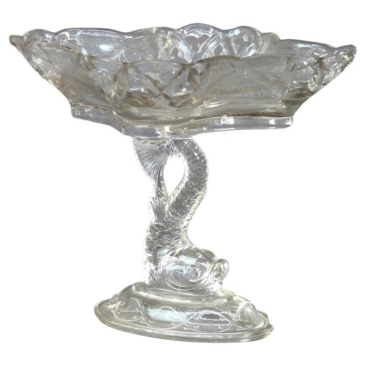 Antique Figural Dolphin Pressed Glass Compote C1930