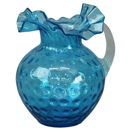 Antique Ariel Blue Coinspot Ruffle Top Glass Water Pitcher C1900