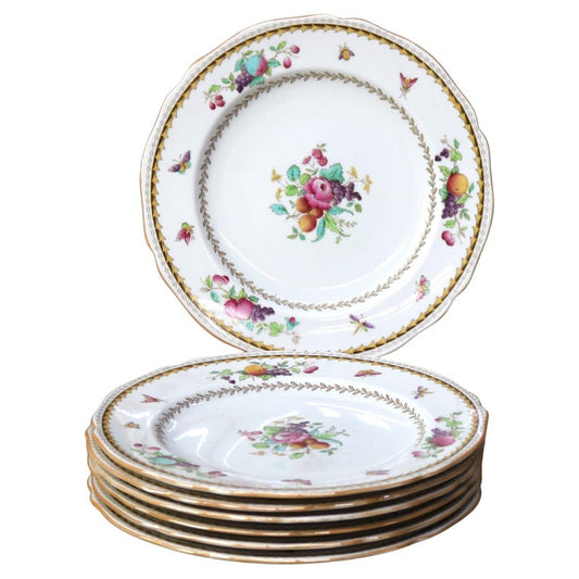 Seven Antique English Copeland Floral Hand Painted & Gilt Porcelain Plates C1890