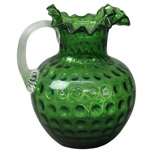 Antique Emerald Green Fluted Art Glass Water Pitcher with Coinspot Pattern C1890