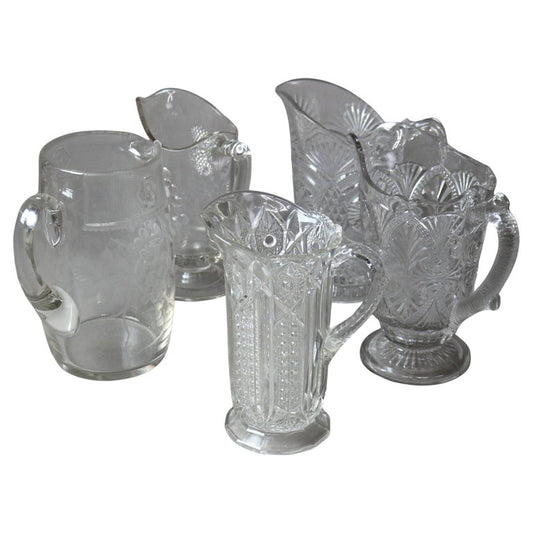 Five Antique Etched and Pressed Glass Water Pitchers 19thC