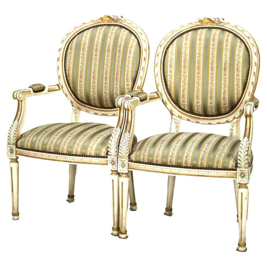 Pair Vintage French Louis XVI Style Polychromed & Upholstered Arm Chairs C1940
