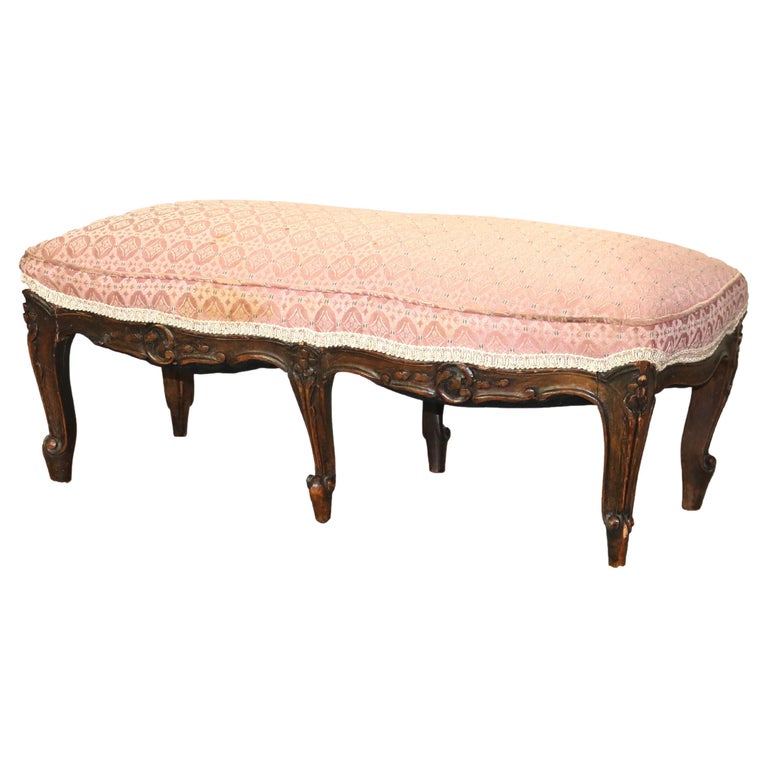 Antique French Louis XV Carved Walnut & Upholstered Stool 19thC