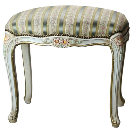 Vintage French Louis XIV Style Polychromed & Upholstered Bench C1940