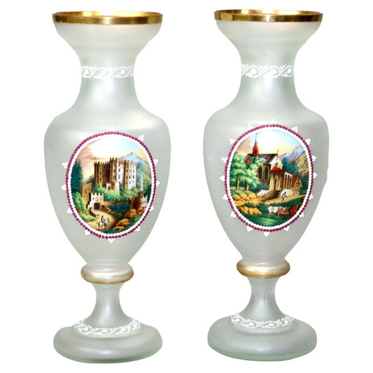 Pair of Antique Scenic Hand Painted Glass Clamshell Vases C1890