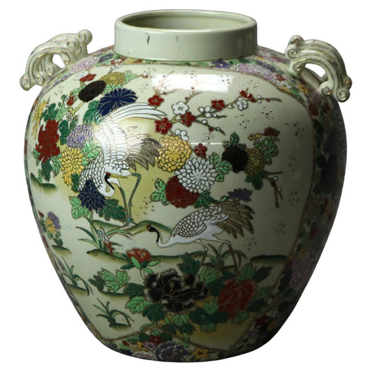 Antique Chinese Hand Enameled Urn with Garden Scene & Herons C1920