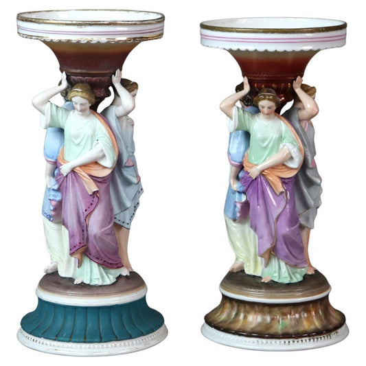 Two Antique Meissen School Hand Painted Figural 3 Graces Porcelain Candlesticks