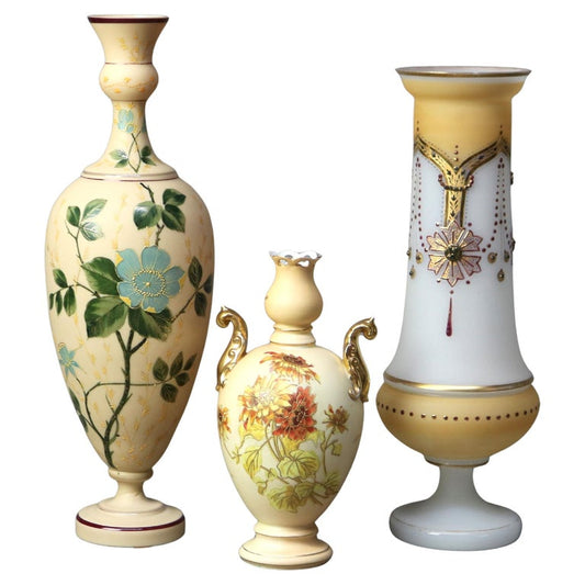 Three Antique Hand Painted & Gilt Vases, Two Opaline Glass & One Porcelain