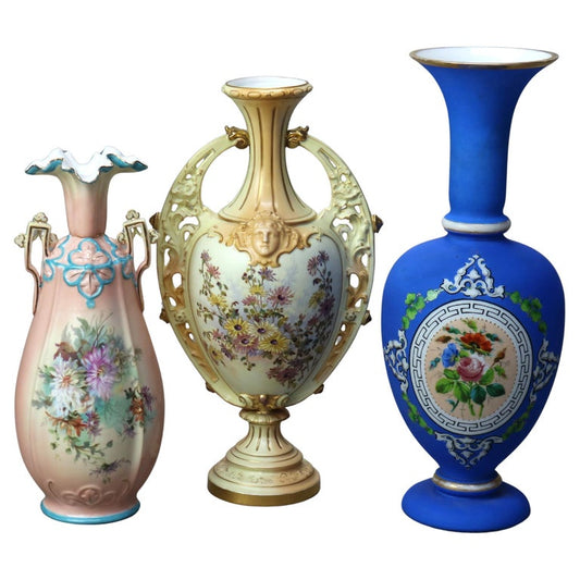 Three Royal Worcester Hand Painted & Gilt Porcelain Vases C1890
